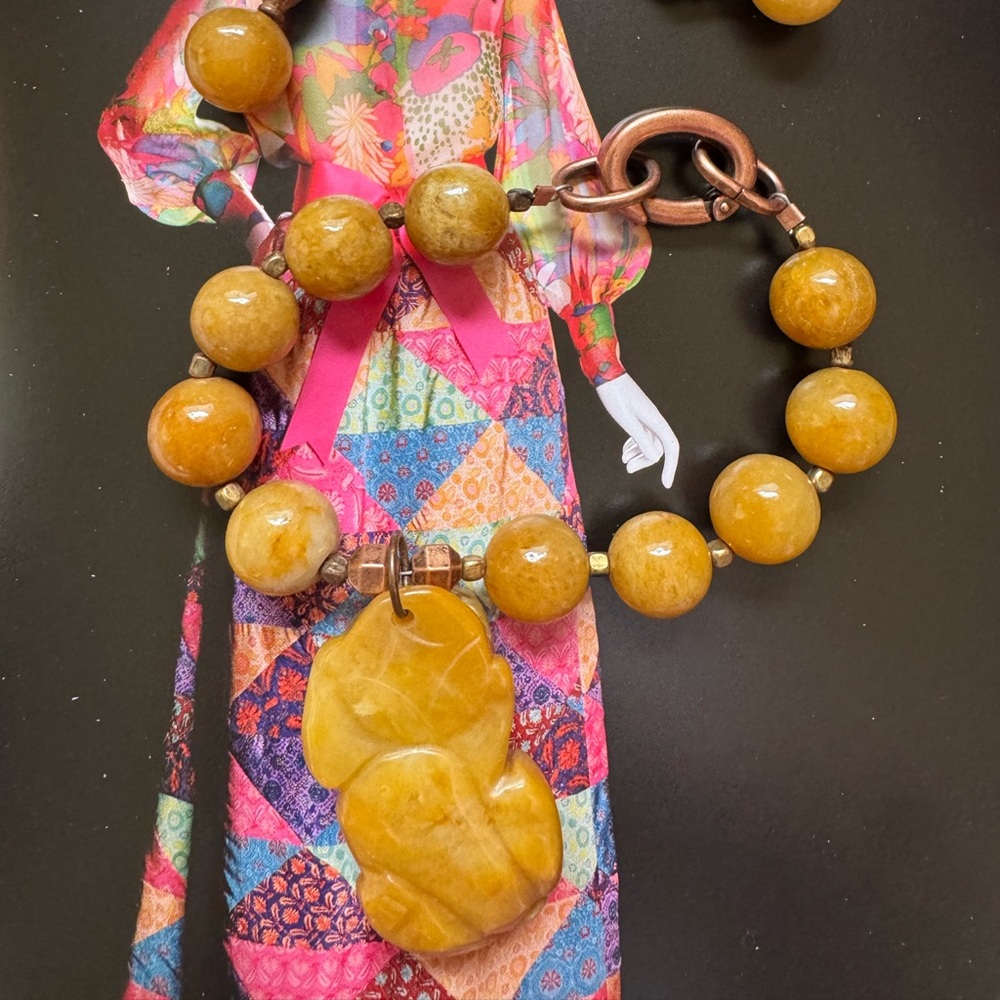 Golden Carved Stone Beaded Bracelet with Hand Carved Pendant, Matching Earring’s